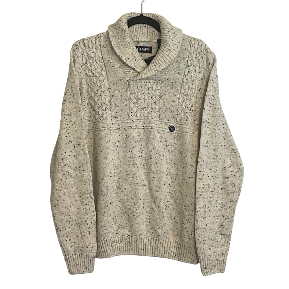 Chaps Mens Shawl Collar Cable Knit Pullover‎ Sweater Cream Grey Marl Large NWT